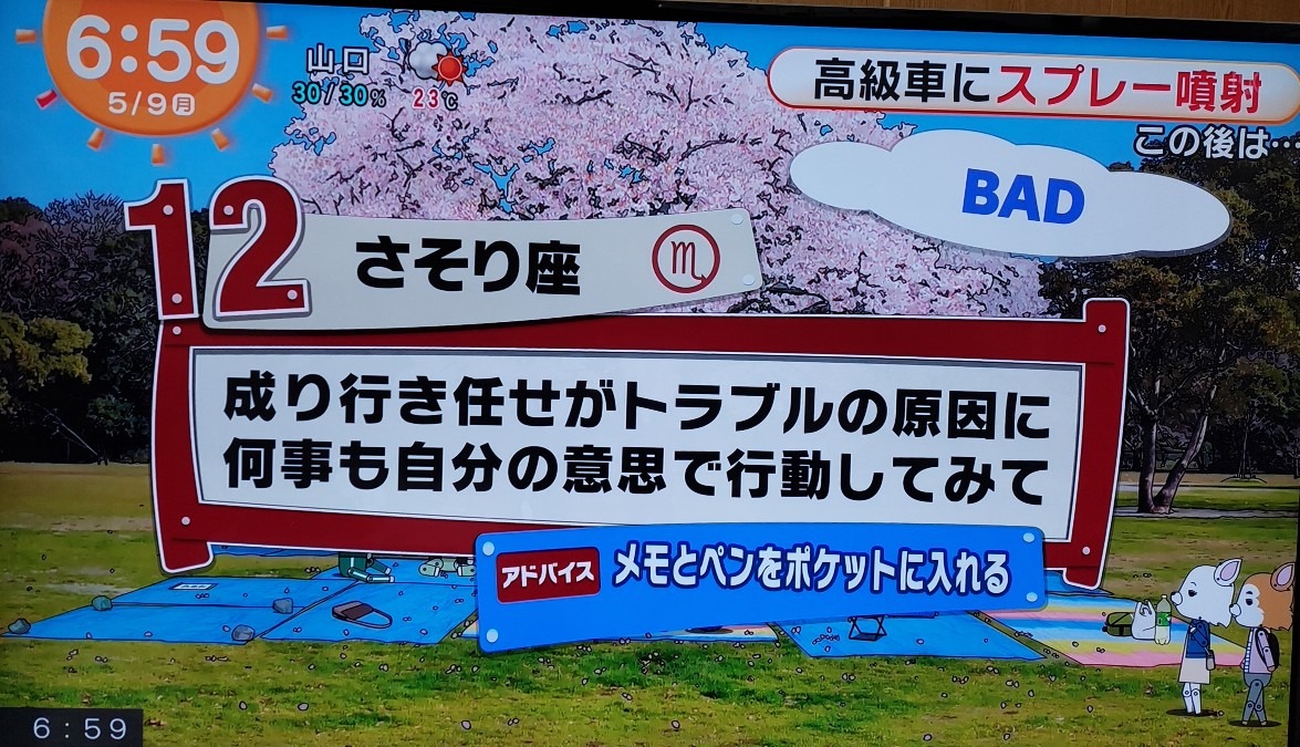 5/9今日の運勢12位 さそり座