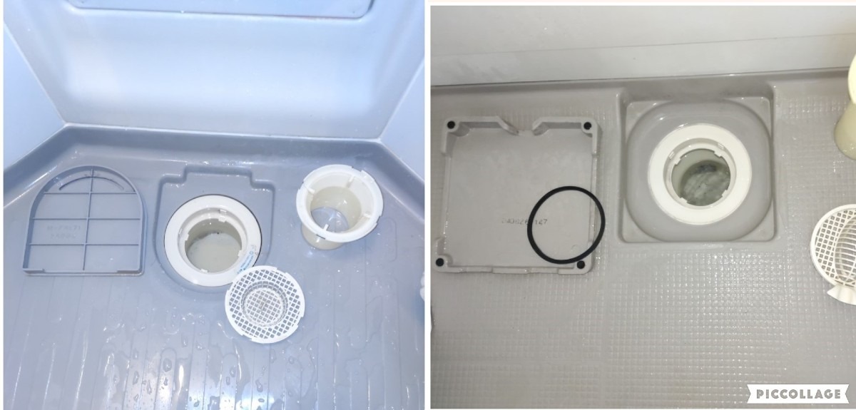 掃除（左はシャワーユニット・右はバスルームの排水溝）