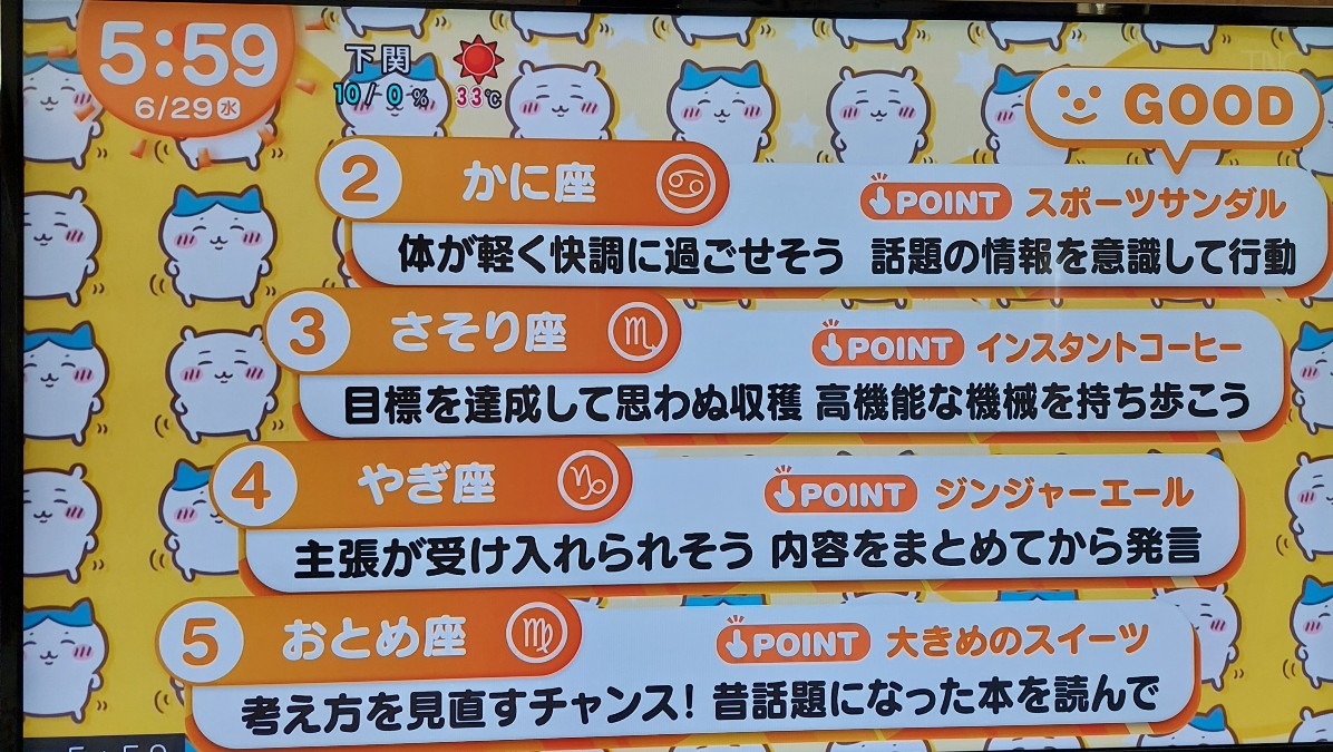 6/29今日の運勢2~5位