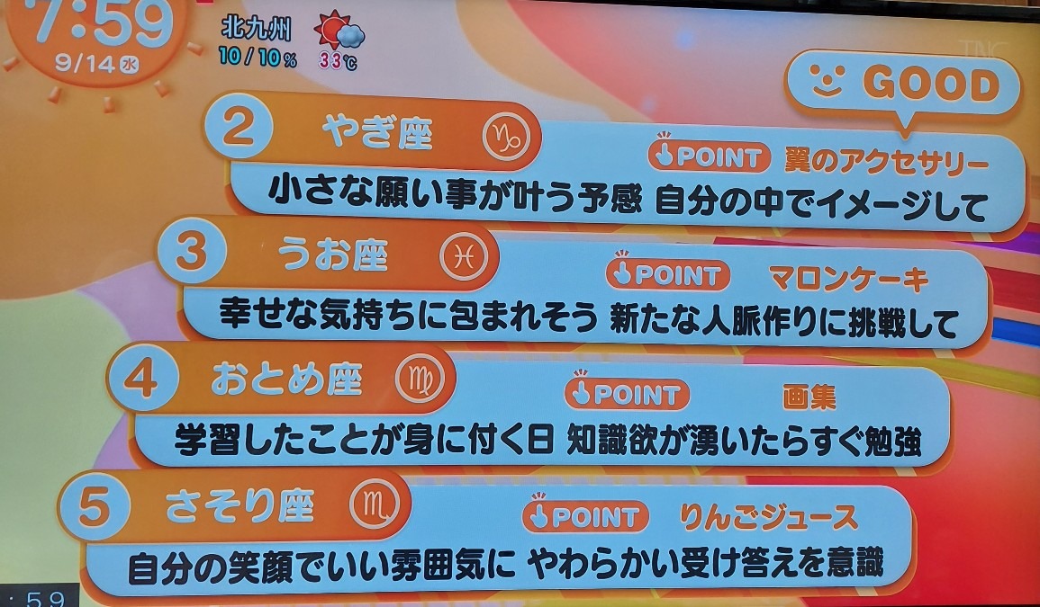 9/14今日の運勢うお座♓