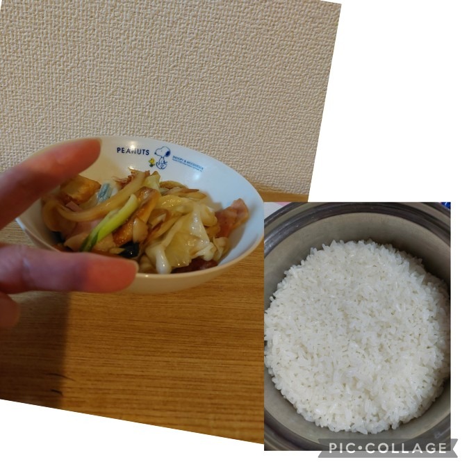 ラピちゃん新米ごはんと野菜炒めでピース！