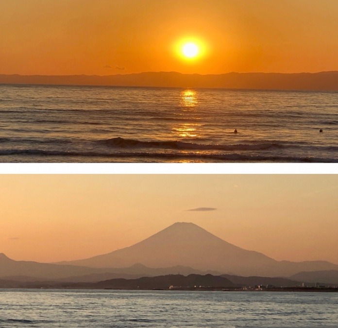 江ノ島から見た夕陽と富士山❣️