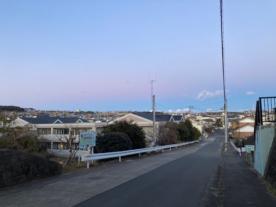 散歩道空の淡い色が穏やかな夕暮れ