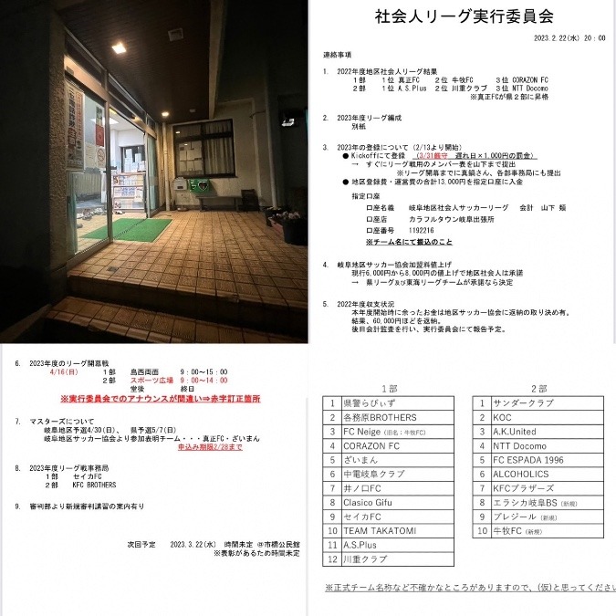 2023/02/22 岐阜地区社会人リーグ 実行委員会⚽️