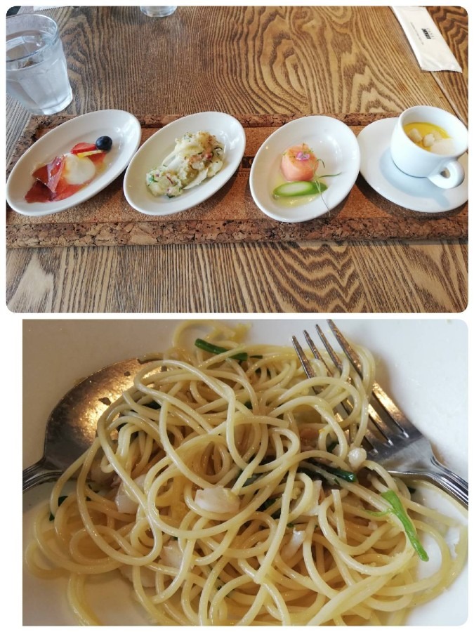 前菜４種と食べかけパスタ