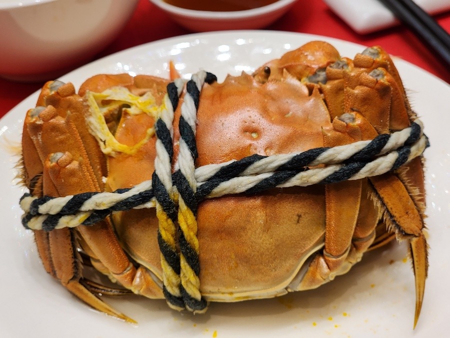 ダイナミックにお皿にのせられた上海蟹は旬の味