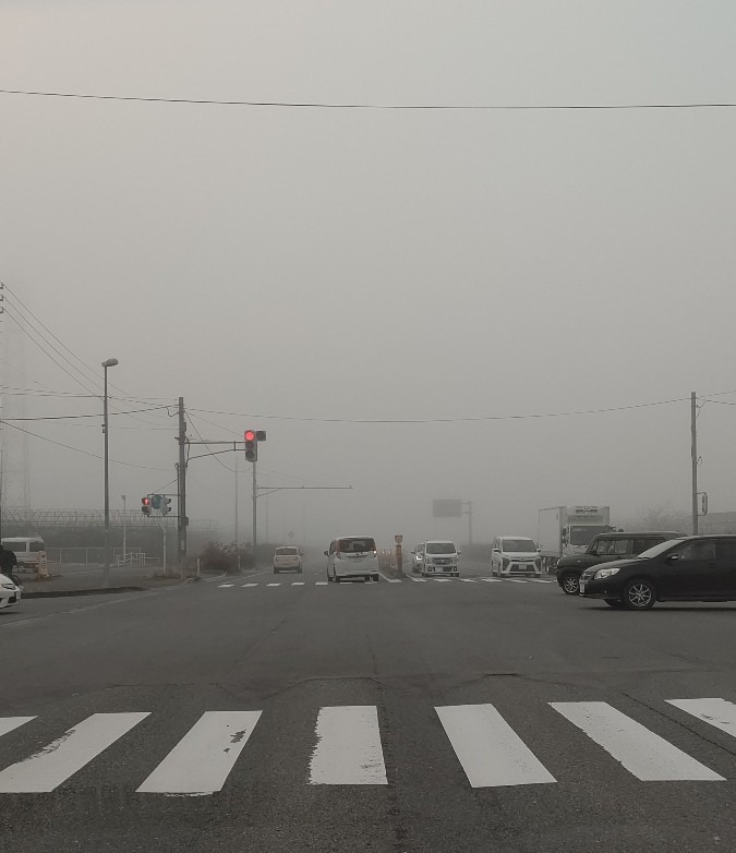 今朝は霧で先見えない🚙