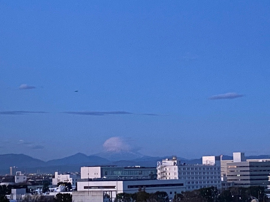 夜明け前の富士山　カラスが一羽飛んでいく