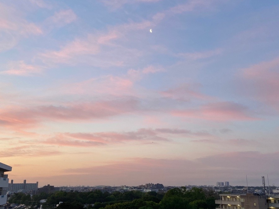 うっすらとした朝焼け空にお月様